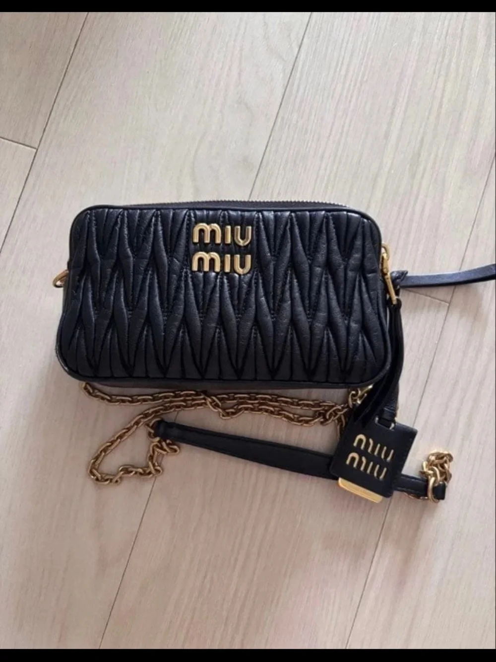Miu Miu Black Matelassé Leather Crossbody with Gold Chain